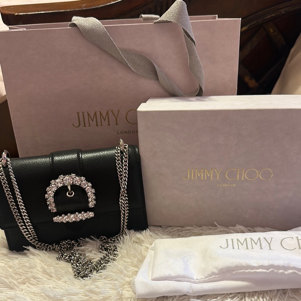 Jimmy Choo Black Quilted Crossbody Bag with Silver Crystal Buckle